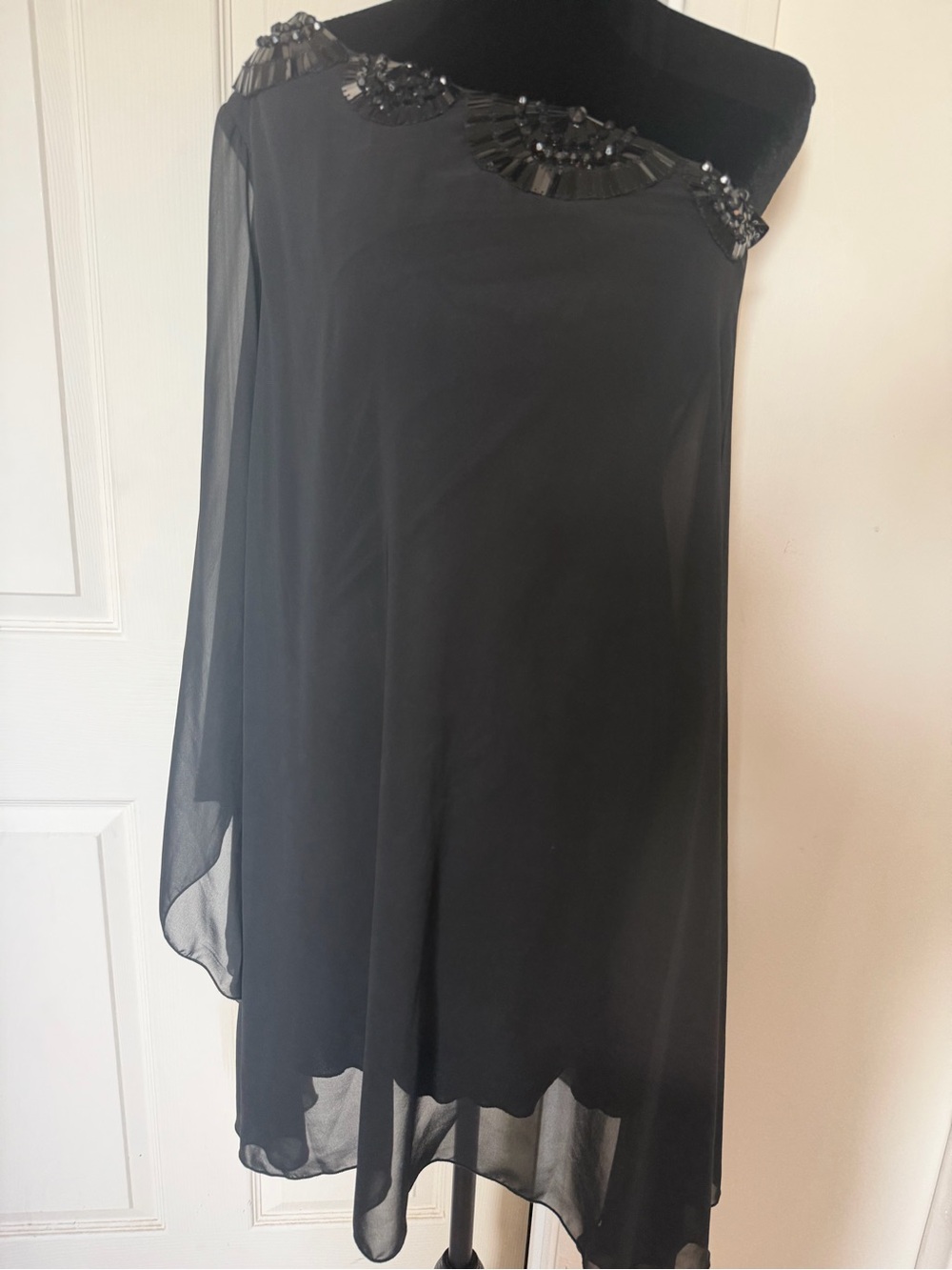 Bisou Bisou Black One-Shoulder Beaded Chiffon Overlay Dress